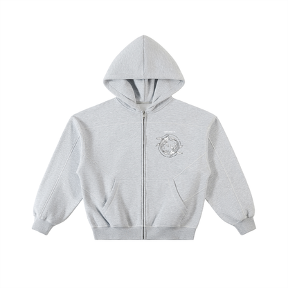 Contrast-Stitched Boxy Fleece Zip Hoodie