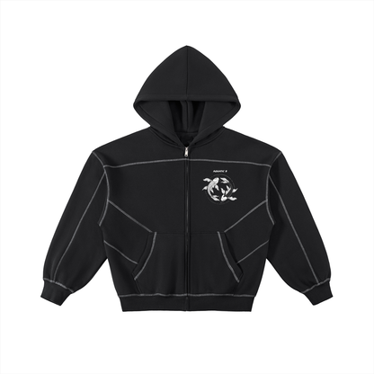 Contrast-Stitched Boxy Fleece Zip Hoodie