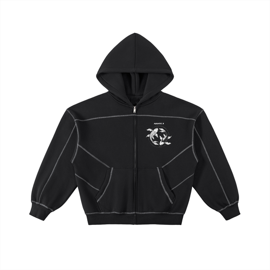 Contrast-Stitched Boxy Fleece Zip Hoodie